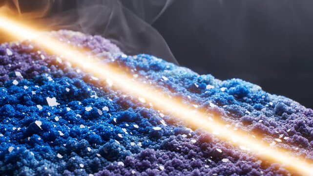 A Glowing Laser Beam Shines Across Textured Blue and Purple Crystal Formations With Rising Smoke