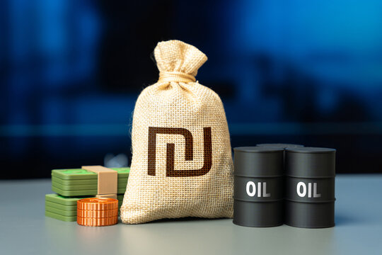 Israeli shekel money bag and barrels of oil. Investments in projects and investment accounts. Income and budget replenishment from tax revenues. Oil revenues.