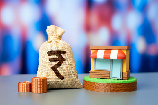 A store and indian rupee money bag represent business income and profit. Retail investments and funding. Grants, subsidies, and financial support help small businesses grow and succeed.