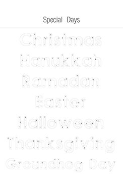 Tracing Worksheet For Kids - Special Days