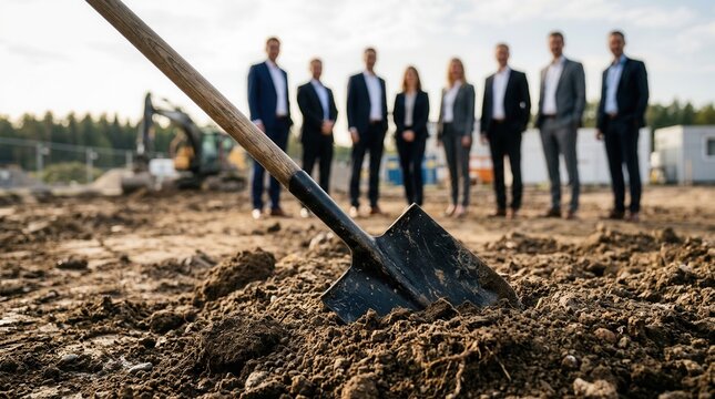 Business people in suits stand ready for a groundbreaking ceremony symbolizing future growth and development.