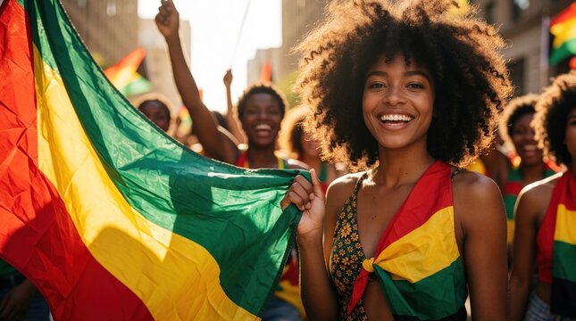 Happy African American woman holds large Pan African flag during Juneteenth celebration. Smiling black girl with afro hair joins crowd in street parade. People celebrate freedom, culture, black