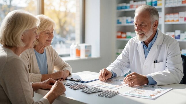 Senior couple consults male pharmacist at desk in pharmacy. Medical expert explains polypharmacy medication schedule, pill blister packs. Elderly patients review drug regimen with healthcare pro to
