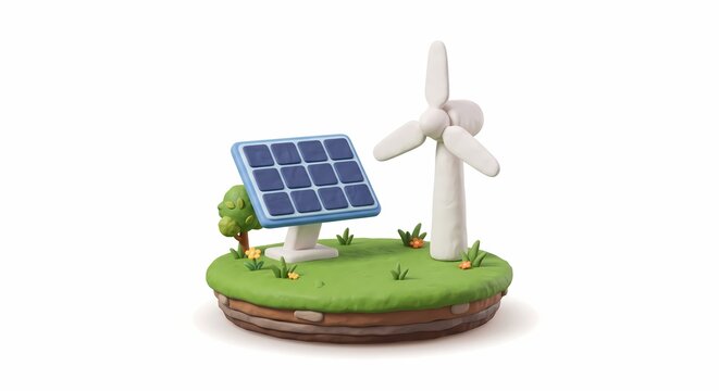 3D clay illustration of solar panel and wind turbine on green grass patch for renewable clean energy concept