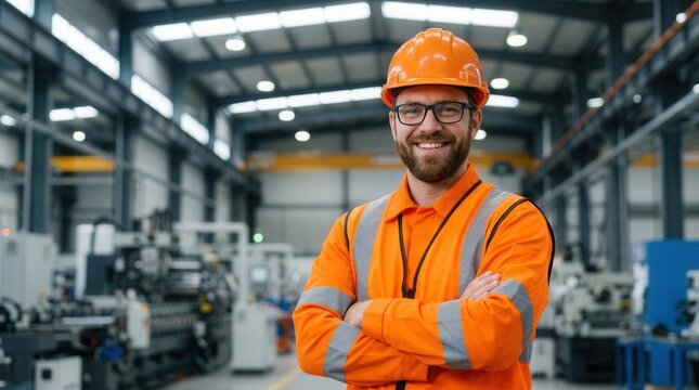 Confident man wearing a hard hat and reflective vest smiles at a factory.