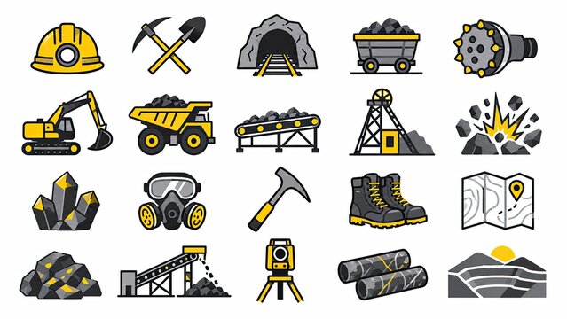 Mining industry icon set featuring helmets, excavation equipment, tunnels, mining carts, tools, minerals, explosives, boots, maps, and industrial machinery.