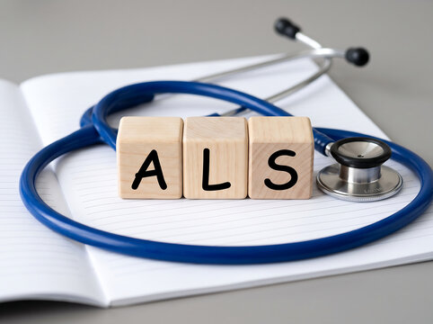 Als word written on wooden blocks with blue medical stethoscope on open notepad for neurology health awareness concepts.