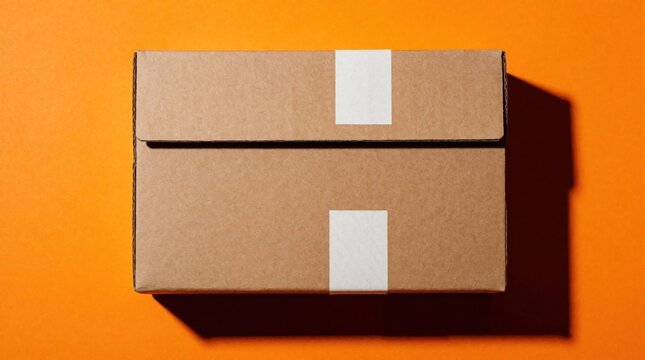Cardboard parcel box with white tape on bright orange background. Closed package sits in center of frame. Delivery service concept for online shopping, e-commerce shipping, logistics, mail order