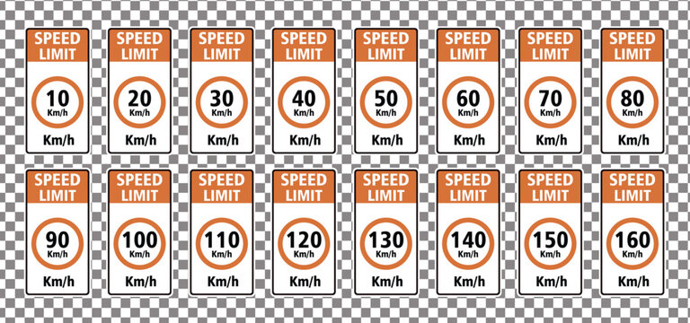 Speed limit sign collection showing different road speed limits from 10 to 160 km/h vector illustration