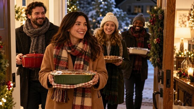 Friends arrive at a warmly decorated home carrying homemade dishes for a festive holiday potluck gathering and comeback celebration.