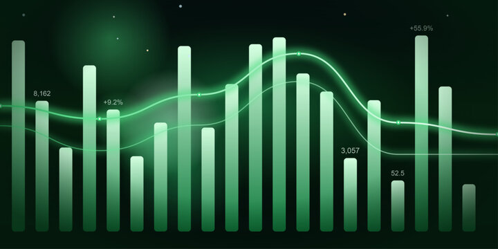A dynamic financial bar chart with a vibrant green hue displays market trends and data visualization. This abstract graphic illustrates economic growth and statistical analysis.