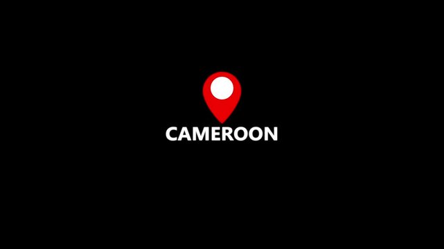 Cameroon Location Pin and Country Name Graphic with Striking Red Navigation Marker and Crisp White Typography on Black Background, Modern Central African Geographic Identification Symbol for Travel 