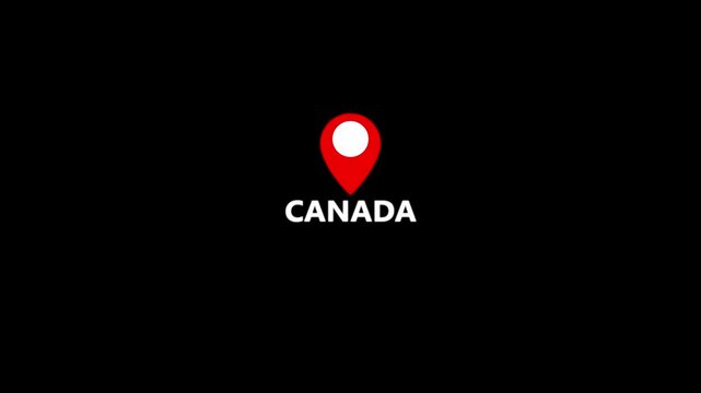 Canada Location Pin and Country Name Graphic with Bold Red Navigation Marker and Clean White Typography on Black Background, Distinct North American Geographic Identification Symbol for Travel