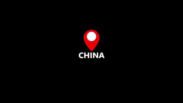 China Location Pin and Country Name Graphic with Striking Red Navigation Marker and Bold White Typography on Black Background, Distinct East Asian Geographic Identification Symbol for Travel,  
