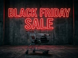 Naklejka premium Black friday sale neon sign glowing above a shopping cart in dark alley