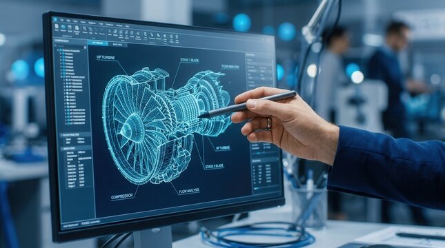 Close up of a specialist discussing a jet engine prototype using 3D CAD software on a desktop screen.
