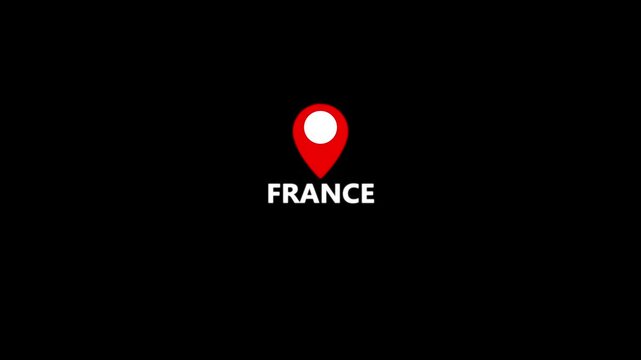 Location pin looped icon with the word France on a black background. Modern France country map marker design. Place search and direction animated.4k video.
