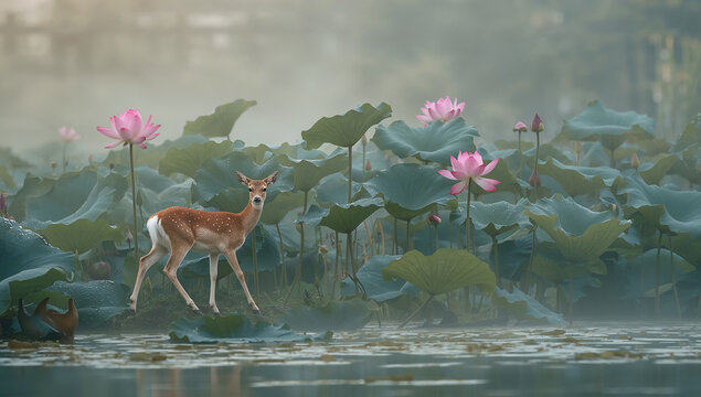 霧の蓮池でピンクの花の間に立つ子鹿