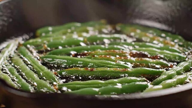 Fresh Green Beans Saut&eacute;ing and Sizzling in Hot Cast Iron Skillet