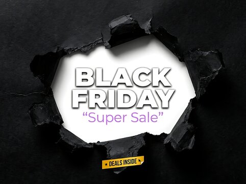 Black friday super sale text inside a ripped paper hole on black background