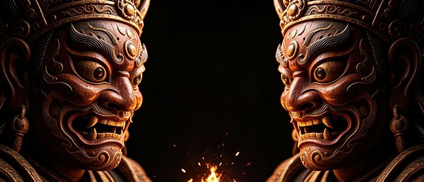 Pair of fierce Chinese temple guardian wooden sculpture faces, dark dramatic lighting. Ancient asian deity art for cultural poster, book cover, web banner, museum graphic.