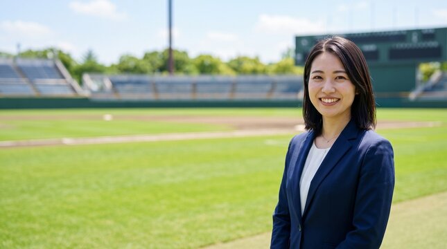 天然芝が広がる野球場のグラウンドを背景に穏やかな笑顔を見せる、知的で爽やかな20代日本人社員のプロフィールポートレート