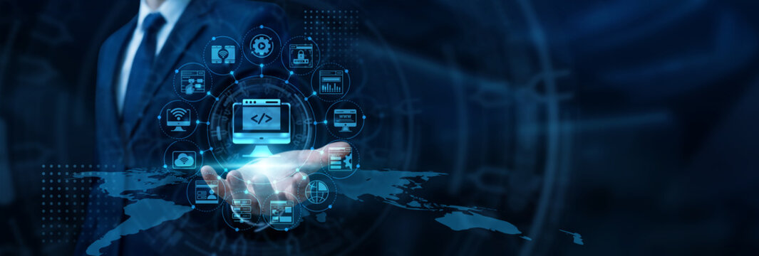 Software engineer hand holding laptop coding responsive interfaces for Web Development and internet design. Creative programming building modern digital platforms.