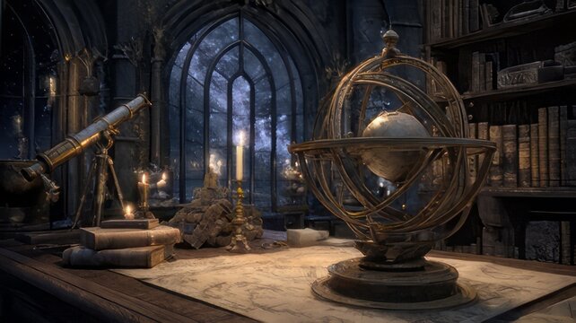 Astronomer's or wizard's study featuring an armillary sphere, an old telescope, and a starlit arched window.