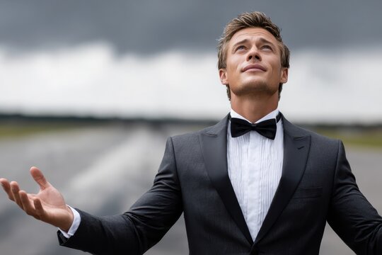 Man in tuxedo stands confidently with arms raised on runway before stormy sky