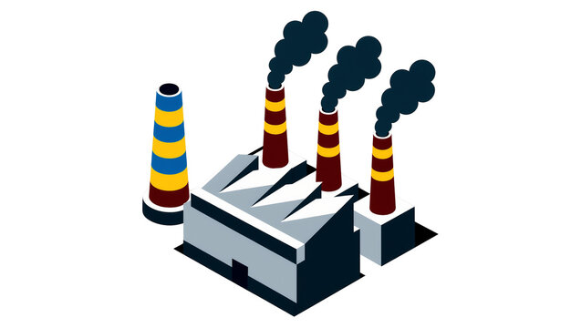 Industrial factory with smoking chimneys and a tall striped tower, isolated on transparent background