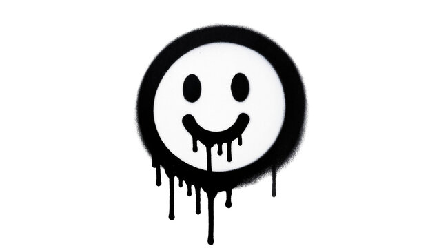 Black spray paint smiley face with dripping paint, isolated on transparent background