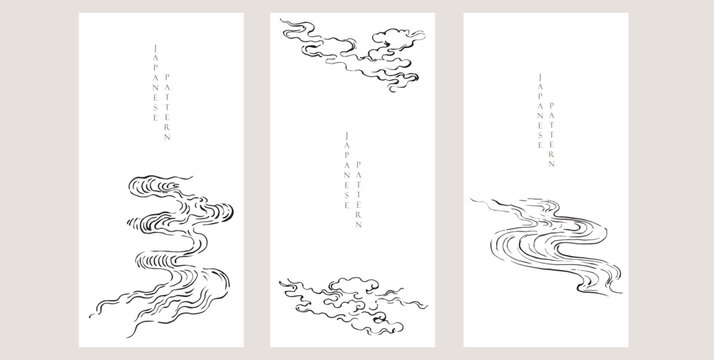 Bonsai tree with cran birds and hand drawn wave elements. Geometric pattern in vintage style. Japanese background with wave , bamboo leaf, bonsai tree. Asian traditional icon vector.	