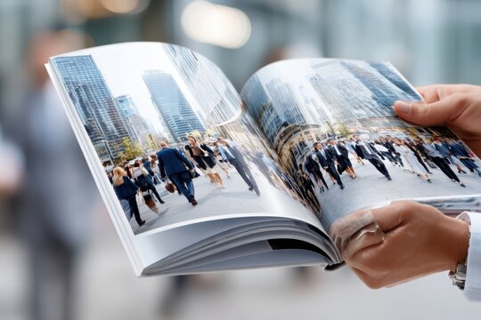 Busy urban streets captured in a magazine featuring professionals in a bustling city