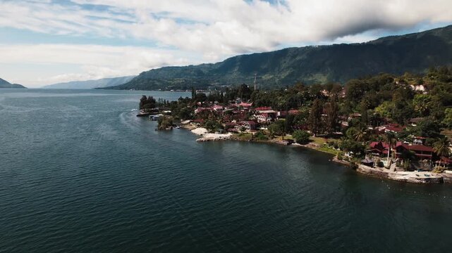 Drone video of Lake Toba, the greatest volcano lake on earth in North Sumatra, Indonesia