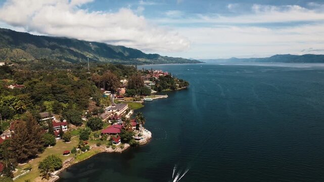 Drone video of Lake Toba, the greatest volcano lake on earth in North Sumatra, Indonesia