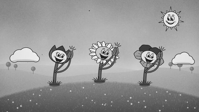Vintage black and white cartoon in 1930s rubber hose style, three flowers with faces dance and clap on a hill under a smiling sun, film grain, seamless loop