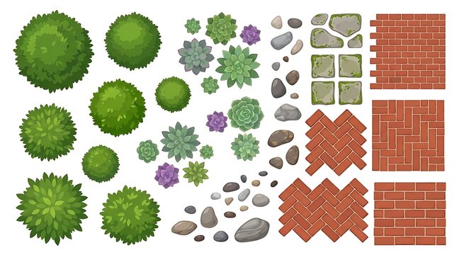 Top down garden design elements with trees stones and path tiles