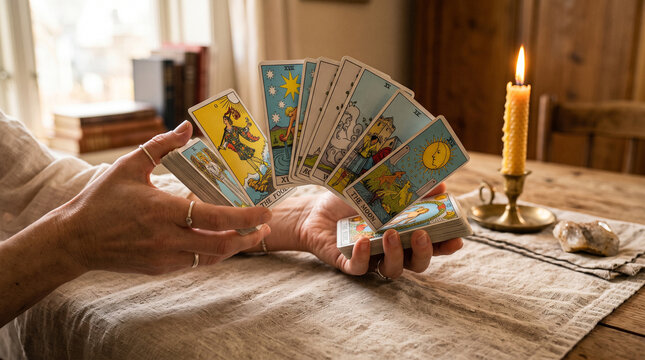 Hands fanning tarot cards beside lit candle and quartz crystal for manifestation ritual