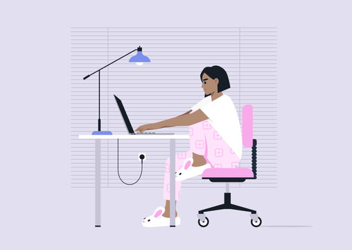 A person enjoys a relaxed working environment in a colorful home office, donning cheerful bunny slippers and pyjamas while typing on a laptop, surrounded by a vibrant backdrop and soft lighting.