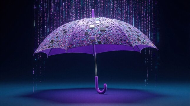Purple umbrella protects from digital rain of data bits. Cyber security shield guards against cyber attacks, hacker threats in cyberspace. Concept of network safety, information privacy using tech