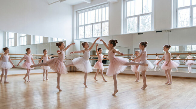 ADOBE STOCK - 46Children Practicing Ballet in Bright Dance Studio &ndash; Kids Ballet, Dance Education and Graceful Movement