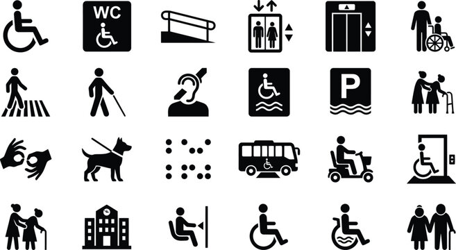 Accessibility icons silhouette set, disability awareness symbols for inclusive design, black vector graphic collection