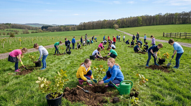 School Children Planting Young Trees in Green Field &ndash; Environmental Education, Reforestation and Sustainable Future