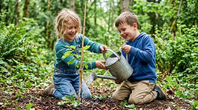 Two Children Watering a Newly Planted Tree in a Lush Green Forest