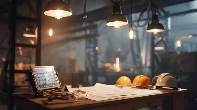 A construction workspace displays blueprints and hardhats under industrial lighting. Engineering plans, digital tablet, and safety helmets emphasize modern building design.