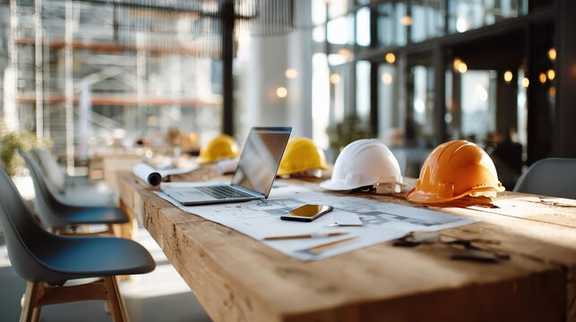 A modern architectural workspace features hardhats, blueprints, and a laptop on a wooden table. The setup highlights construction planning and engineering teamwork.