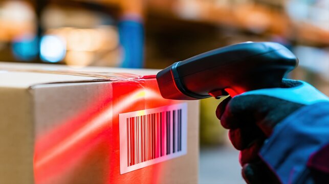 A handheld barcode scanner reads a parcel's label in a warehouse setting. The red scanning beam and gloved hand highlight fast, efficient logistics technology.