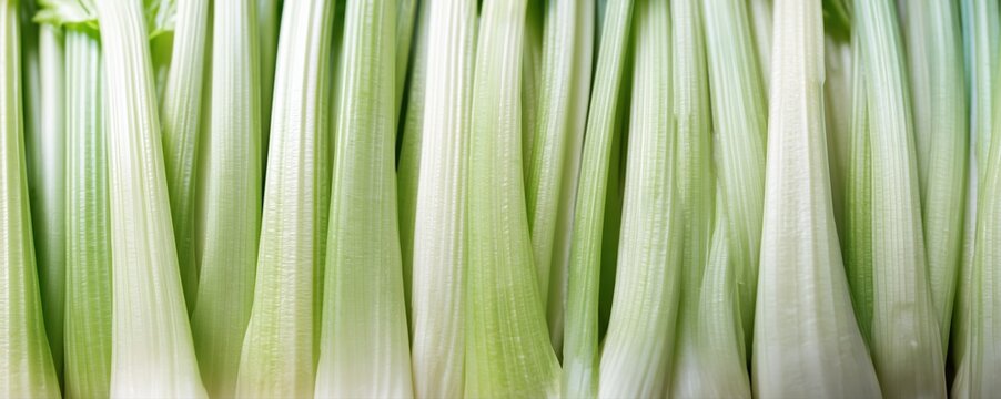Ultra wide close-up of celery stalks highlights their vertical ribbed pattern and fresh green hues. The fibrous texture and soft lighting create a premium food photography effect.