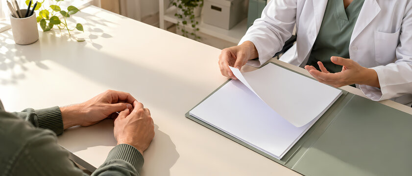 Doctor explains medical records to a patient during a healthcare consultation, using documents to discuss clinical information, treatment options and personalized care while answering questions