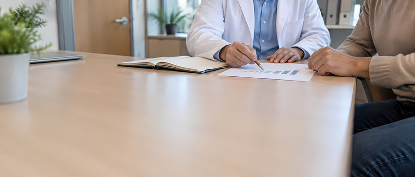 Doctor reviews medical paperwork with a patient during a consultation, discussing healthcare information and treatment planning while taking notes and explaining personalized care options